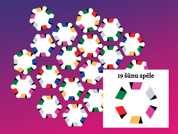 19 šūnu sešstūru puzle: krāsainas kastes
