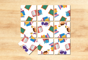 Kvadrātu puzle: 9 gabaliņu skolas lietu savienošanas spēle
