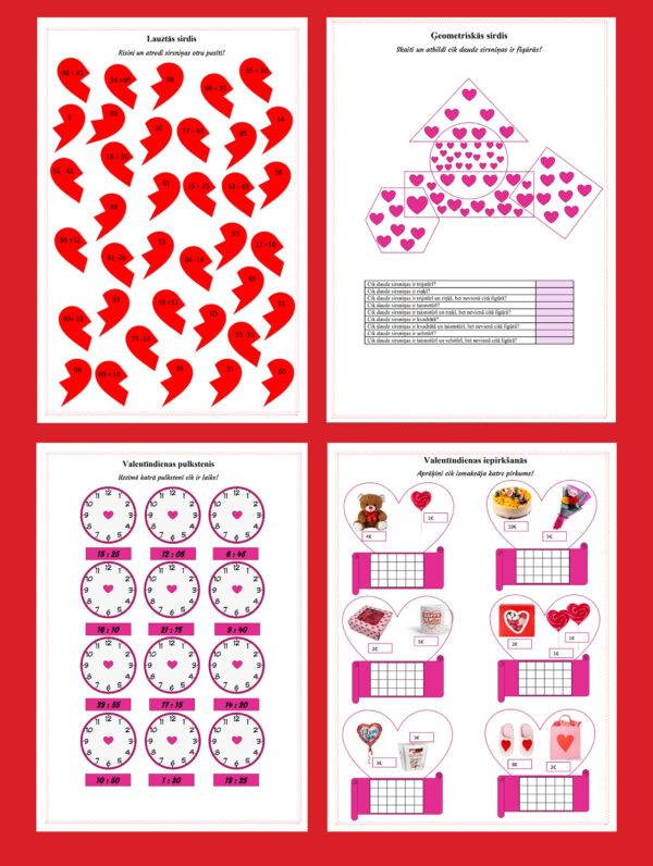 Valentīndienas darba lapas matemātikā 2.klasei