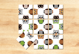 Kvadrātu puzle: 9 gabaliņu pūču simbolu savienošanas spēle