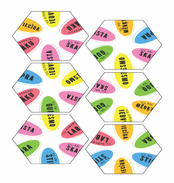 19 šūnu sešstūru puzle: LABI VĀRDI MAMMAI vai SKOLOTĀJAI