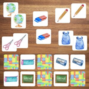 Atmiņas spēle – skolas piederumi (24 kartītes)