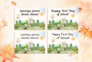 Kartītes “Laimīgu pirmo skolas dienu!”. Zinību diena.