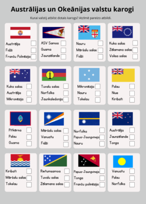 TESTS: Austrālijas valstu karogi (20 jautājumi +atbildes)