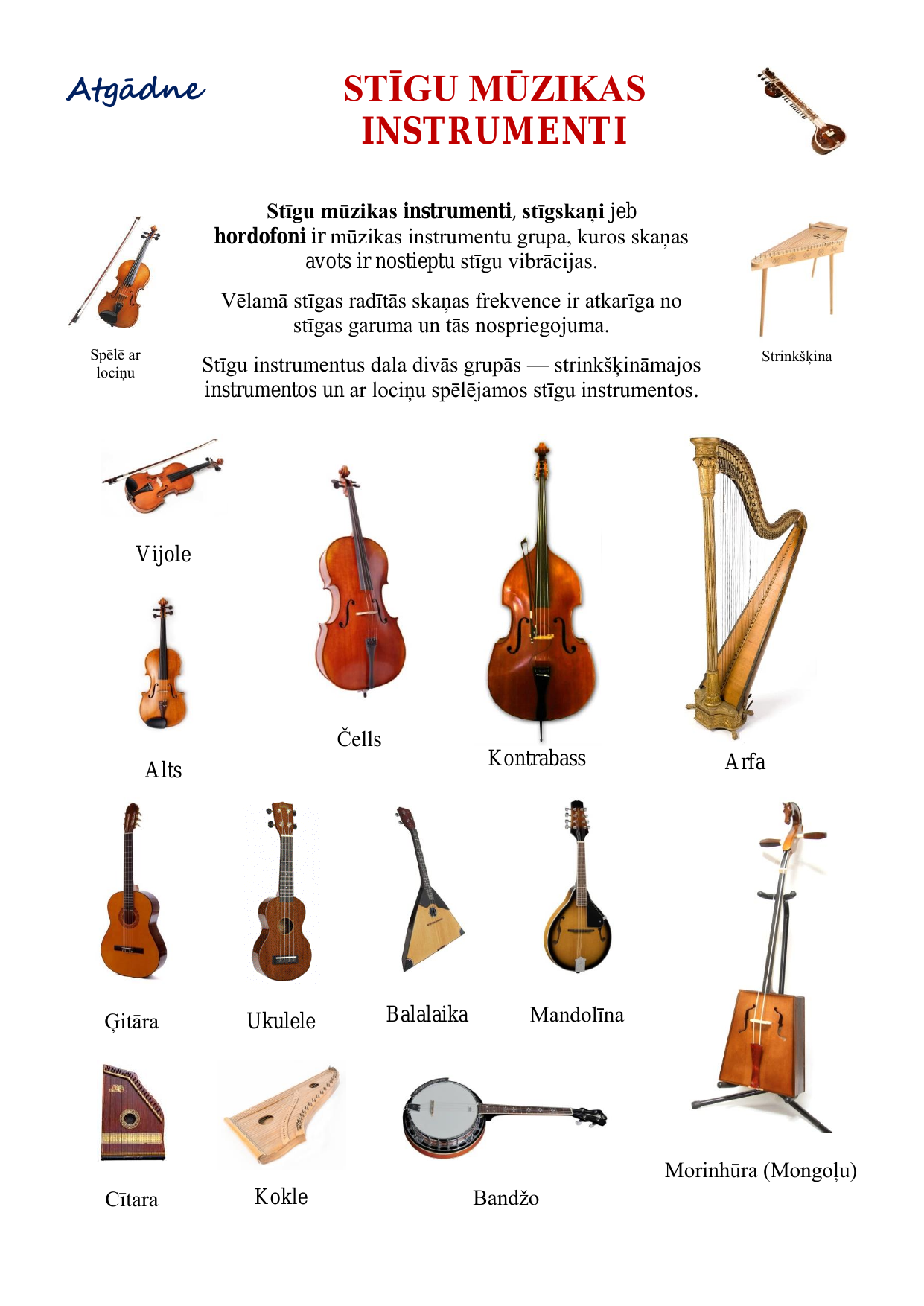 Mūzikas instrumenti - atgādnes un uzdevumi - Mācību materiāli