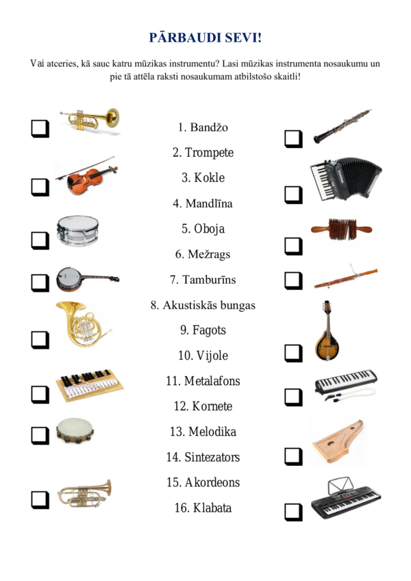 Mūzikas instrumenti – atgādnes un uzdevumi