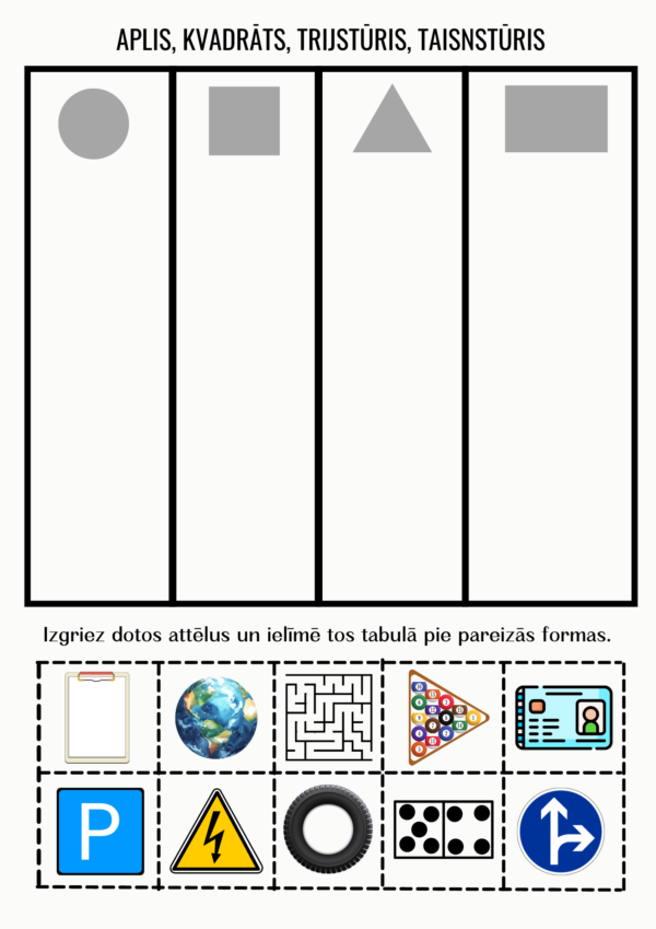 Formas (aplis,kvadrāts,trijstūris,taisnstūris) 3 darba lapas