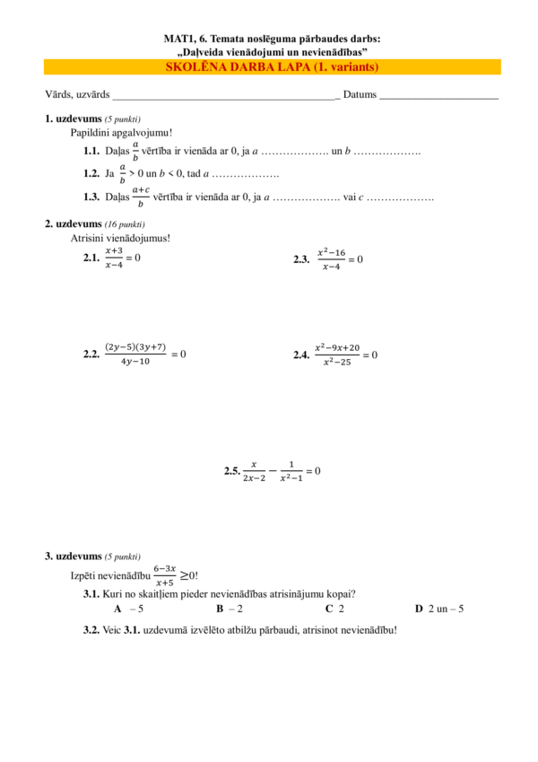 TND: 6. Daļveida vienādojumi un nevienādības (MAT1)