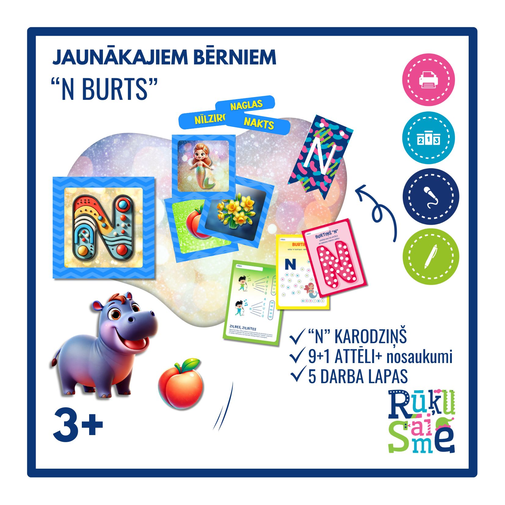 “N BURTS” – attēli, darba lapas, rakstīt prasme