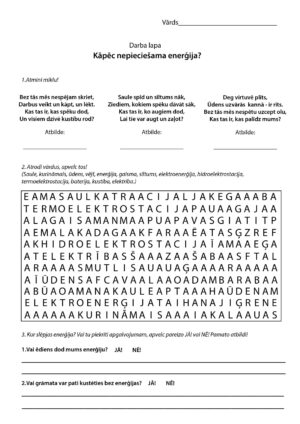 Darba lapa “Kāpēc nepieciešama enerģija?”