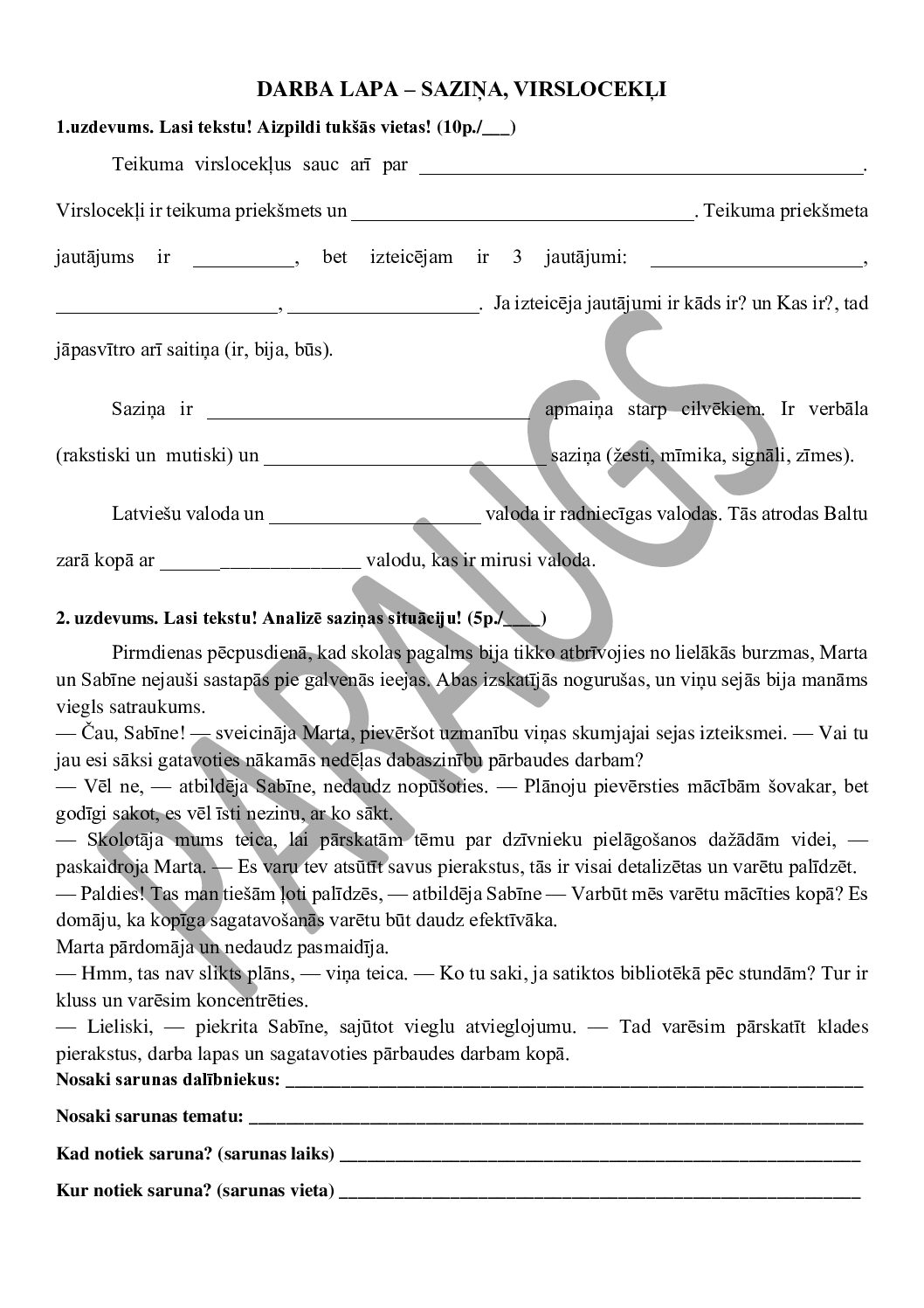 DL (FVD) Saziņa. Teikuma virslocekļi. 4.klasei