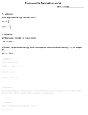 Trigonometrija. Matemātika I. Summatīvais darbs.