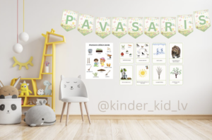 Pavasaris. Plakāts, virtene, burtu juceklis, kartītes.