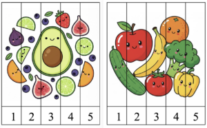 Augļu un dārzeņu puzzles pēc cipariem