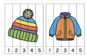 Drēbes – puzles pēc cipariem (1–5)