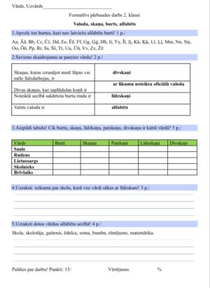 Formatīvs pārbaudes darbs “Valoda, skaņa, burts, alfabēts”