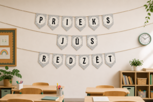 Dekorāciju karodziņi. Lielie burti, skaitļi, pieturzīmes.