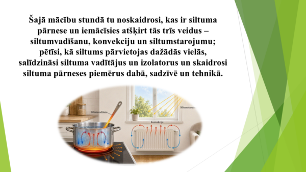 9.1.3. Siltuma pārnese, siltumvadīšana, konvekcija, siltumst 9.1.3. Siltuma pārnese, siltumvadīšana, konvekcija, siltumst