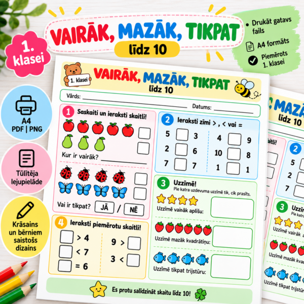 Vairāk, mazāk, tikpat līdz 10 | Matemātikas darba lapa 1. kl Vairāk, mazāk, tikpat līdz 10 | Matemātikas darba lapa 1. kl