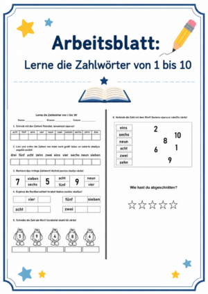 Arbeitsblatt: Lerne die Zahlwörter von 1 bis 10.