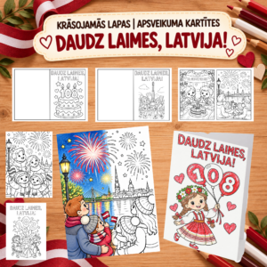 KRĀSOJAMĀS APSVEIKUMA KARTĪTES/LAPAS. DAUDZ LAIMES, LATVIJA.