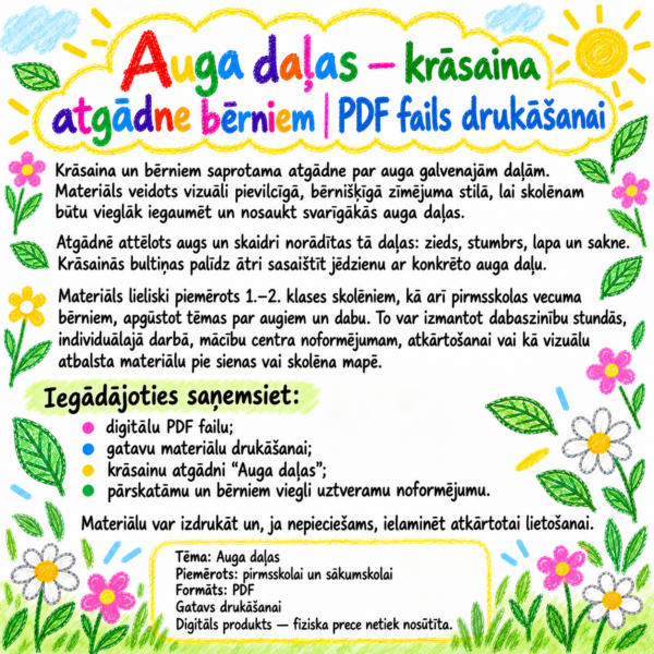 Auga daļas — krāsaina atgādne bērniem | PDF fails drukāšanai Auga daļas — krāsaina atgādne bērniem | PDF fails drukāšanai