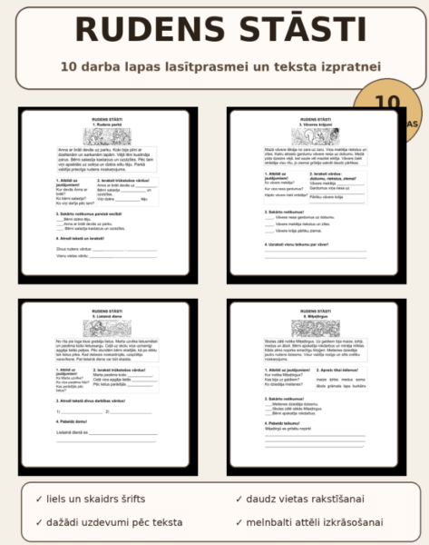 RUDENS STĀSTI – 10 darba lapas lasītprasmei un teksta izprat RUDENS STĀSTI – 10 darba lapas lasītprasmei un teksta izprat