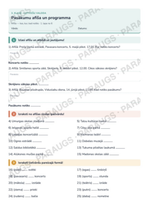 Pasākumu afiša un programma — 3. klase, 6 darba lapas
