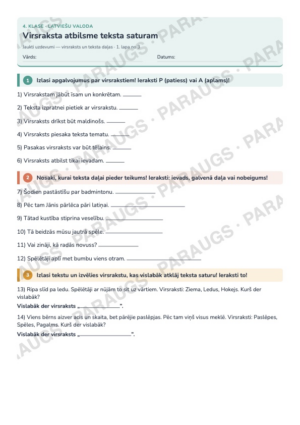 Virsraksta atbilsme teksta saturam — 4. klase Virsraksta atbilsme teksta saturam — 4. klase