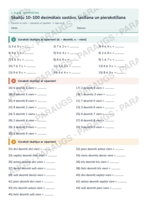 Skaitļu 10–100 decimālais sastāvs, lasīšana un pierakstīšana