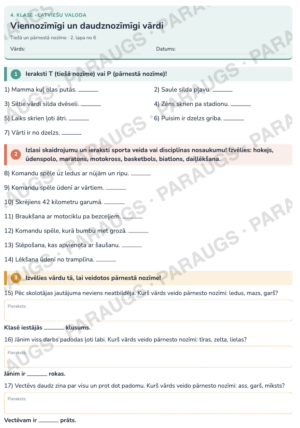 Viennozīmīgi un daudznozīmīgi vārdi — 4. klase,6 darba lapas