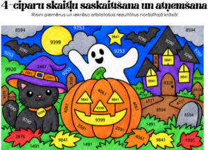 Helovīna četrciparu saskaitīšana un atņemšana rakstos
