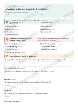 Vietvārdi apkārtnē. Apvidvārdi. Vārdšķiras — 4. klase