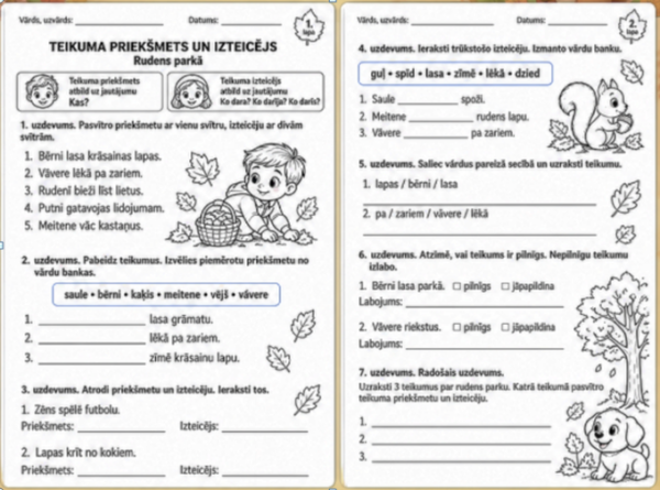 Teikuma priekšmets un izteicējs – darba lapu komplekts Teikuma priekšmets un izteicējs – darba lapu komplekts